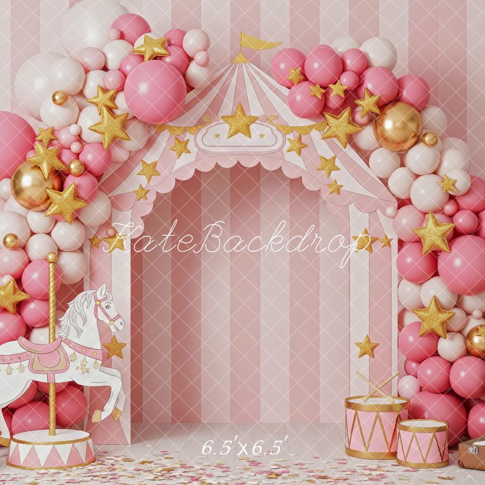 Kate Cirque Carrousel Ballons Rose Toile de fond conçue par Patty Roberts - Kate Backdrop FR