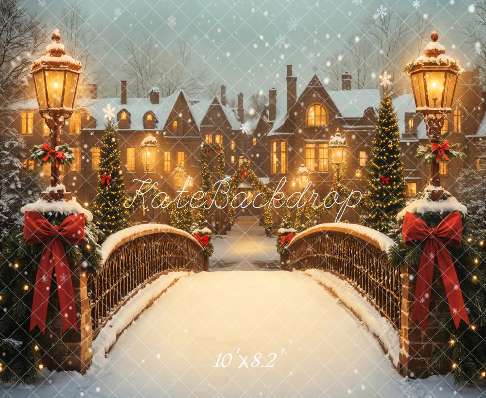 Kate Noël Pont Lampadaires Maisons Neige Toile de fond conçue par Emetselch - Kate Backdrop FR