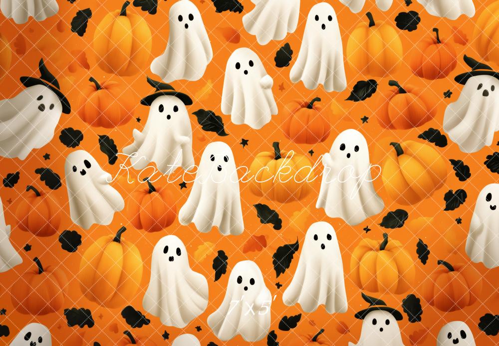 Kate Halloween Fantômes Citrouilles Feuilles Noires Toile de fond conçue par Patty Roberts - Kate Backdrop FR