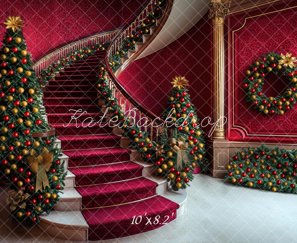 Kate Noël Escalier Sapins Décorations Rouge Toile de fond conçue par Mini MakeBelieve - Kate Backdrop FR