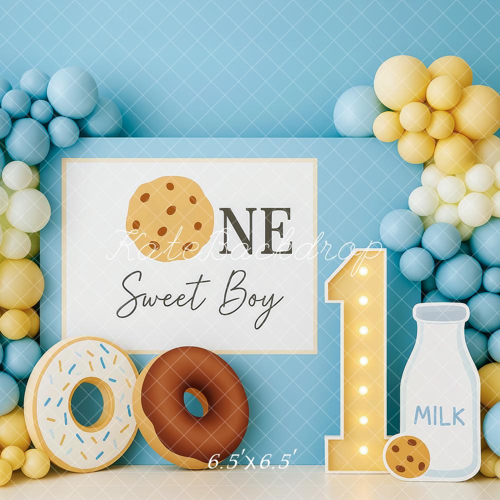 Kate Anniversaire Garçon Ballons Donut Lait Toile de fond conçue par Patty Roberts - Kate Backdrop FR