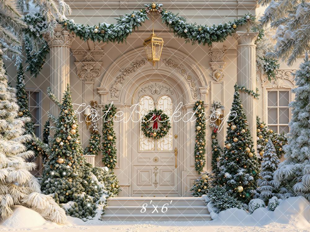 Kate Noël Façade Sapins Neige Toile de fond en Laine conçue par Emetselch - Kate Backdrop FR