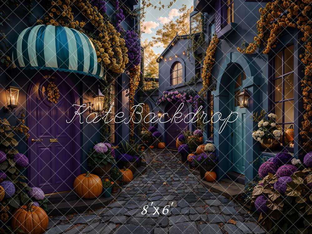 Kate Halloween Rue Citrouilles Fleurs Toile de fond en Laine conçue par Emetselch - Kate Backdrop FR