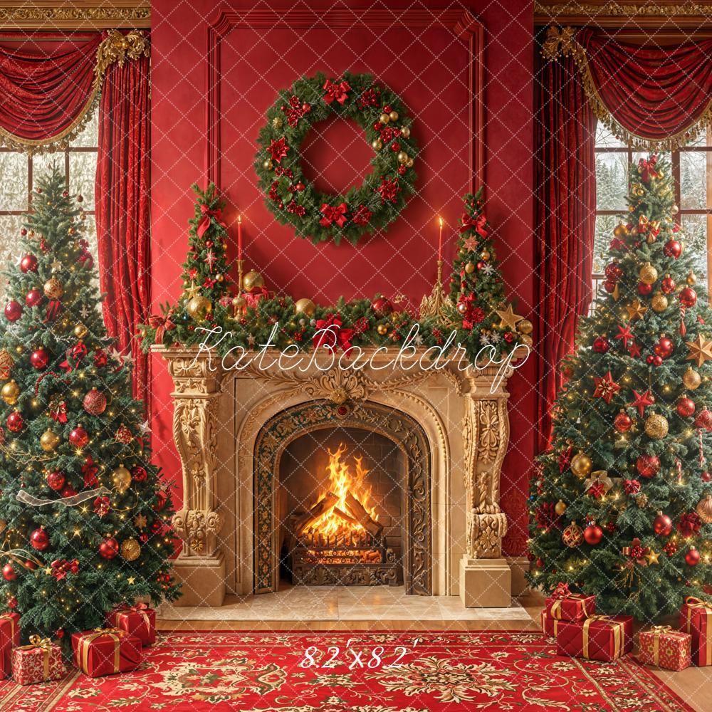 Kate Noël Cheminée Sapins Cadeaux Rouge Toile de fond conçue par Emetselch - Kate Backdrop FR