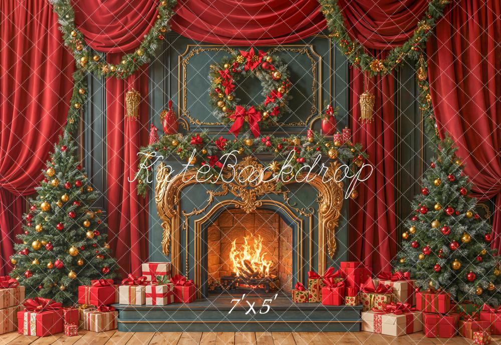 Kate Noël Cheminée Sapins Guirlandes Cadeaux Toile de fond conçue par Emetselch - Kate Backdrop FR