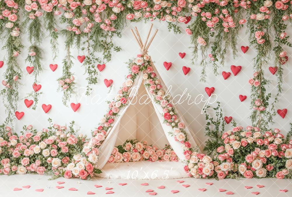 Kate Saint Valentin Tente Fleurs Cœurs Toile de fond en Laine conçue par Emetselch