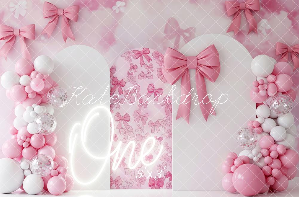 Kate Anniversaire Arc Nœuds Ballons Rose Toile de fond conçue par Patty Roberts - Kate Backdrop FR