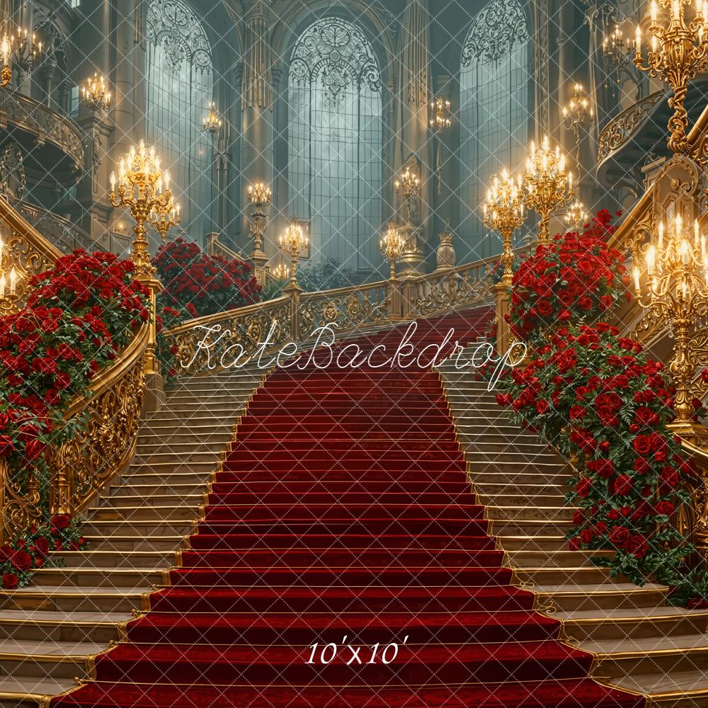 Kate Escalier Château Doré Roses Rouges Toile de fond conçue par Emetselch - Kate Backdrop FR