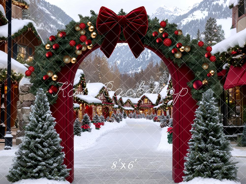 Kate Noël Village Arc Sapins Neige Toile de fond conçue par Mini MakeBelieve - Kate Backdrop FR