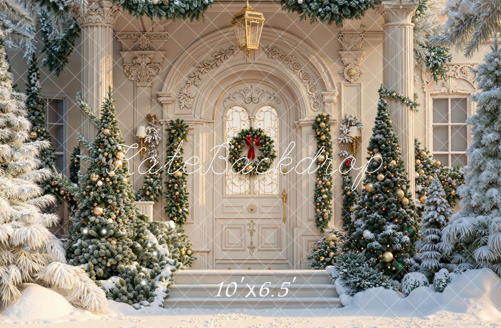 Kate Noël Façade Sapins Neige Toile de fond en Laine conçue par Emetselch - Kate Backdrop FR
