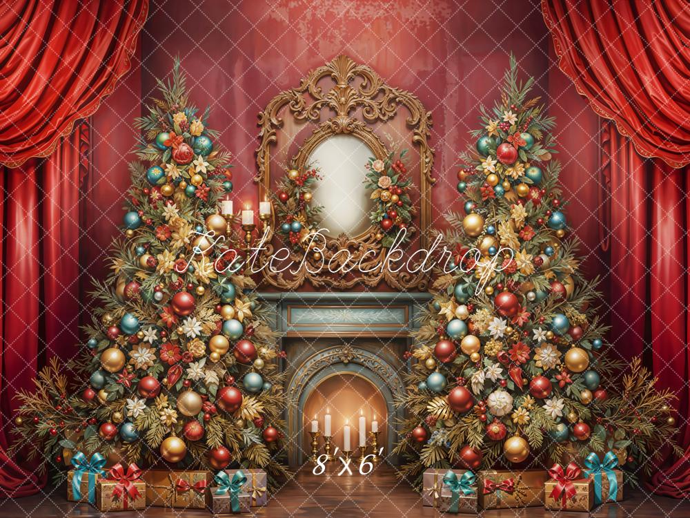 Kate Noël Sapins Cheminée Rideaux Cadeaux Toile de fond conçue par Emetselch - Kate Backdrop FR