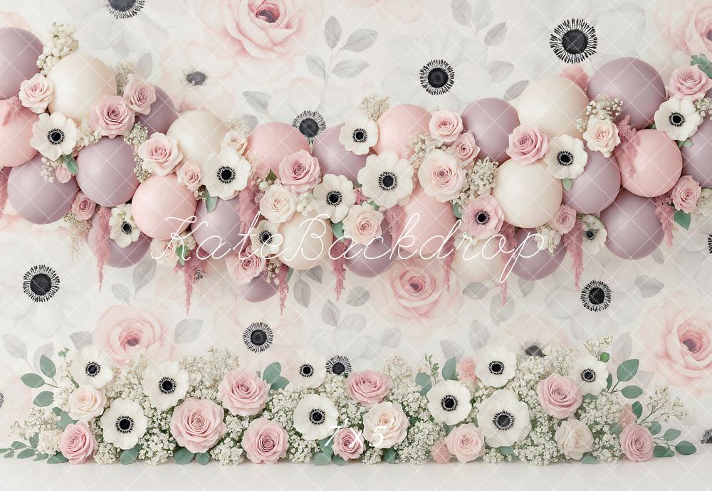 Kate Ballons Roses Fleurs Anniversaire Toile de fond conçue par Ashley Paul - Kate Backdrop FR