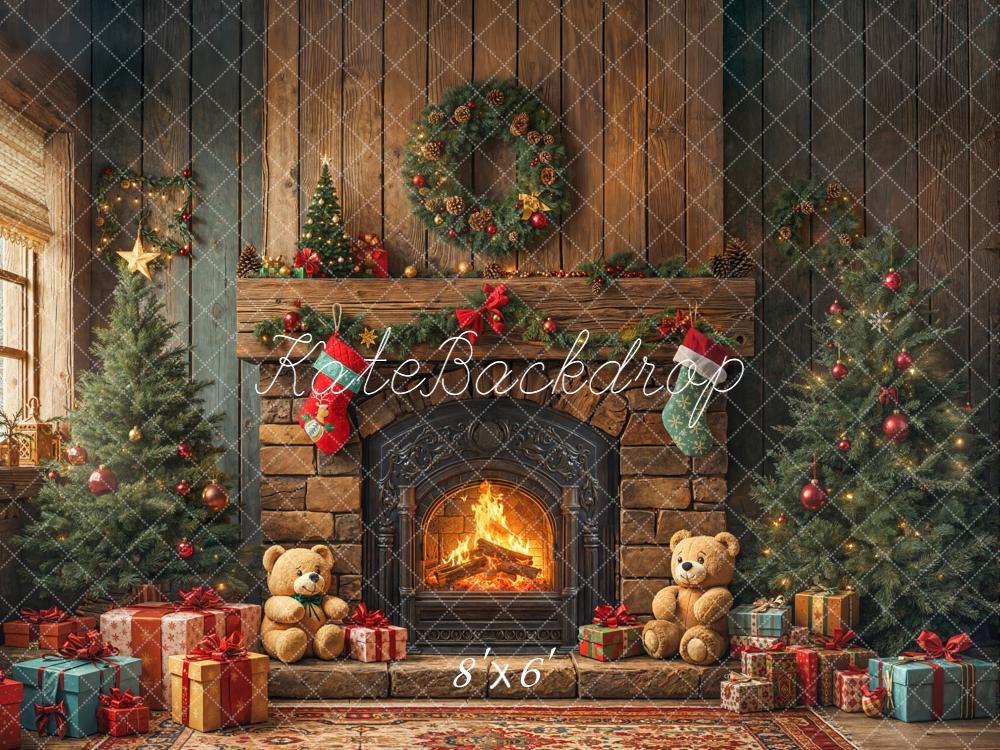 Kate Noël Cheminée Sapins Ours Cadeaux Toile de fond conçue par Emetselch