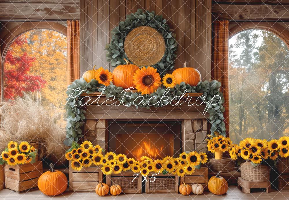 Kate Automne Cheminée Citrouilles Tournesols Toile de fond conçue par Mini MakeBelieve - Kate Backdrop FR