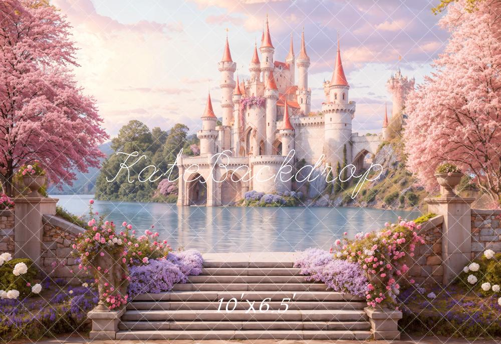 Kate Château Escaliers Fleurs Printemps Toile de fond en Laine conçue par Emetselch - Kate Backdrop FR
