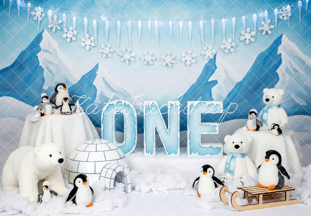 Kate Anniversaire Hiver Pingouins Ours Igloo Toile de fond conçue par Patty Roberts - Kate Backdrop FR