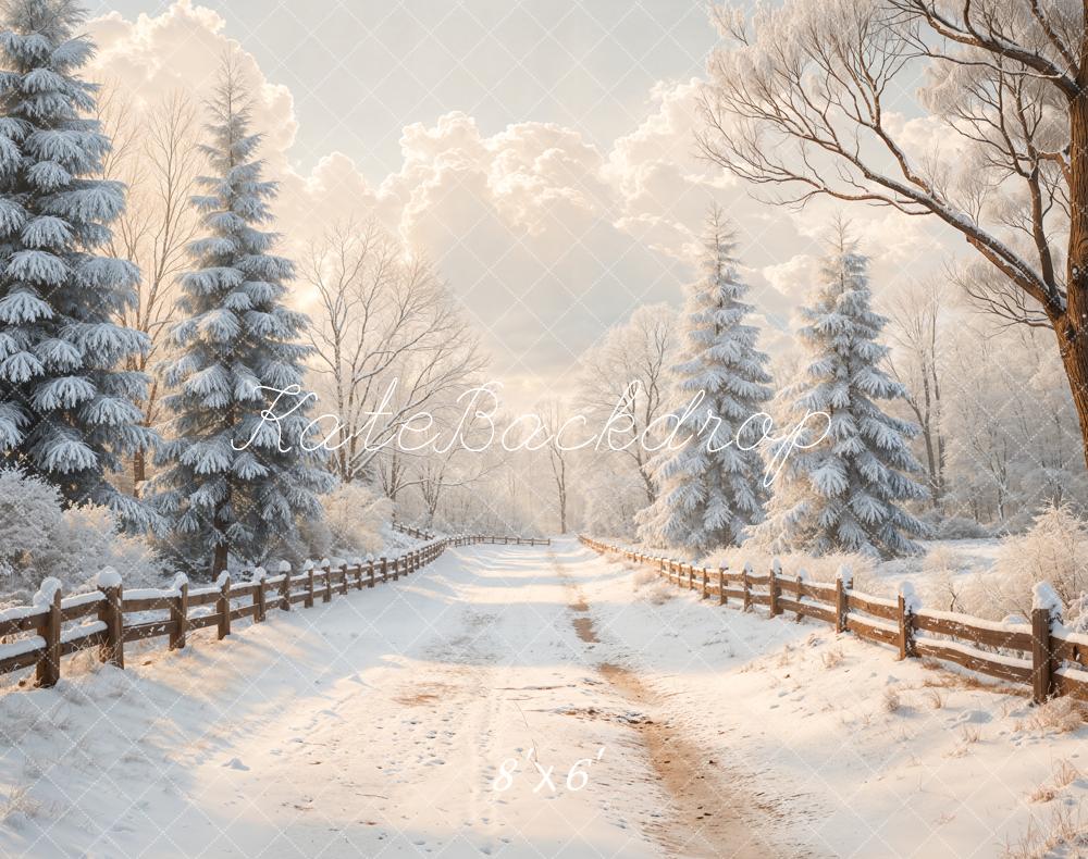 Kate Hiver Chemin Clôture Sapins Toile de fond en Laine conçue par Emetselch - Kate Backdrop FR