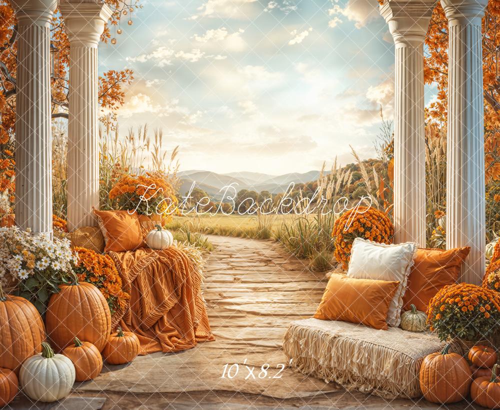 Kate Automne Citrouilles Fleurs Chemin Toile de fond en Laine conçue par Emetselch