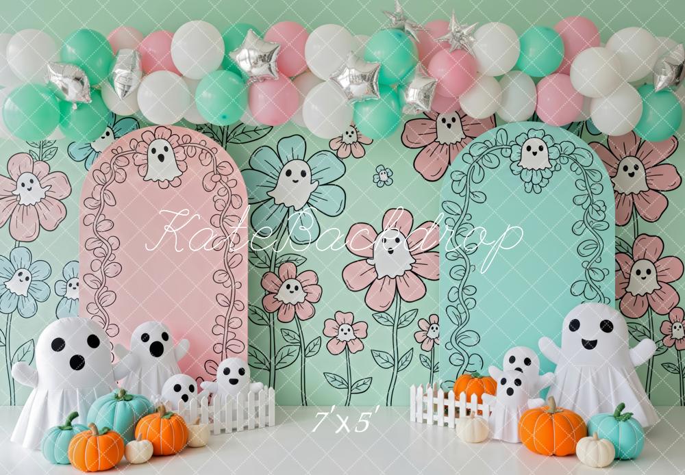 Kate Halloween Fantômes Citrouilles Fleurs Toile de fond conçue par Patty Roberts - Kate Backdrop FR