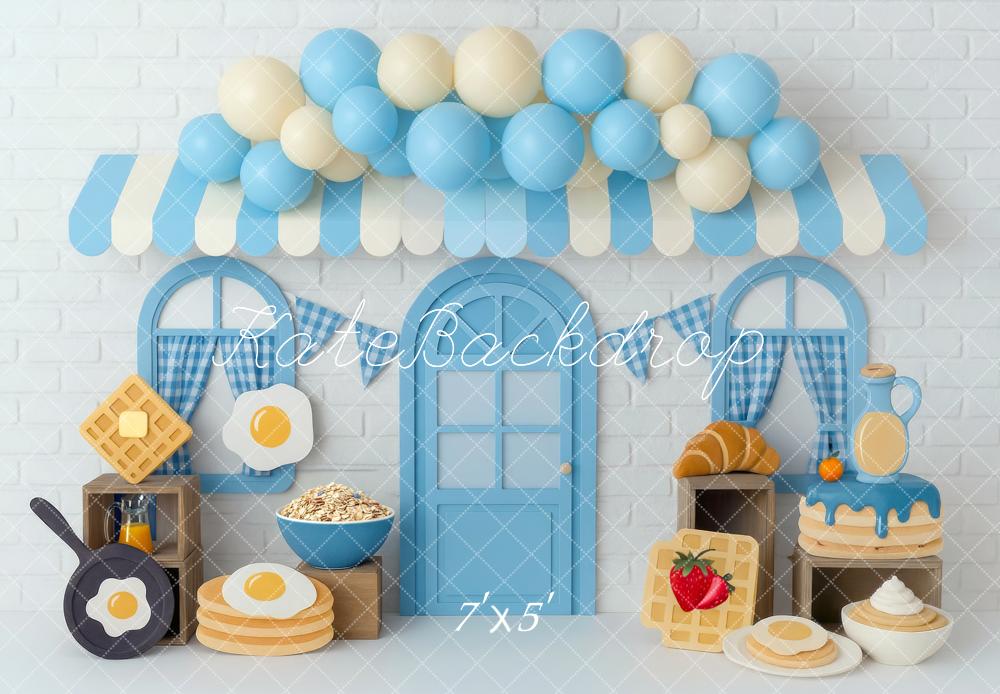 Kate Anniversaire Petit Déjeuner Ballons Bleu Toile de fond conçue par Mini MakeBelieve - Kate Backdrop FR