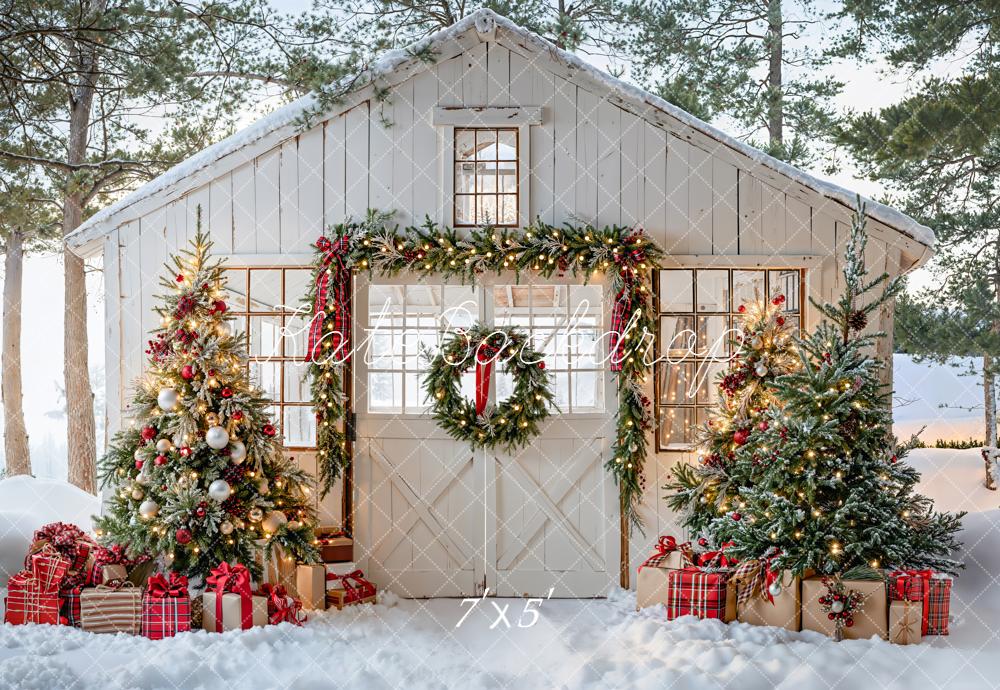 Kate Noël Maison Sapins Neige Toile de fond conçue par Emetselch - Kate Backdrop FR