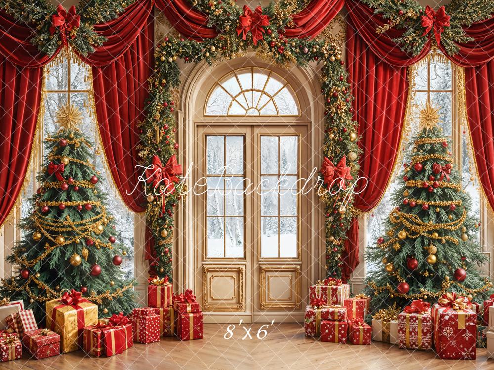 Kate Noël Sapins Fenêtre Cadeaux Rouge Toile de fond conçue par Emetselch - Kate Backdrop FR