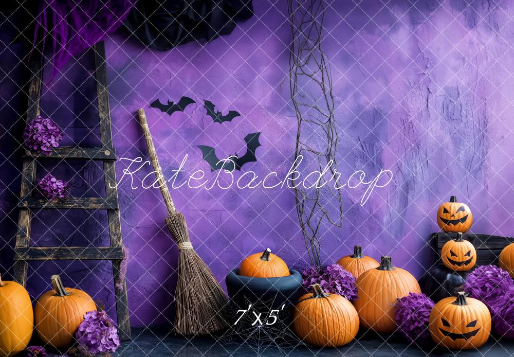 Kate Halloween Citrouilles Balai Chauves-Souris Violet Toile de fond conçue par Patty Roberts - Kate Backdrop FR