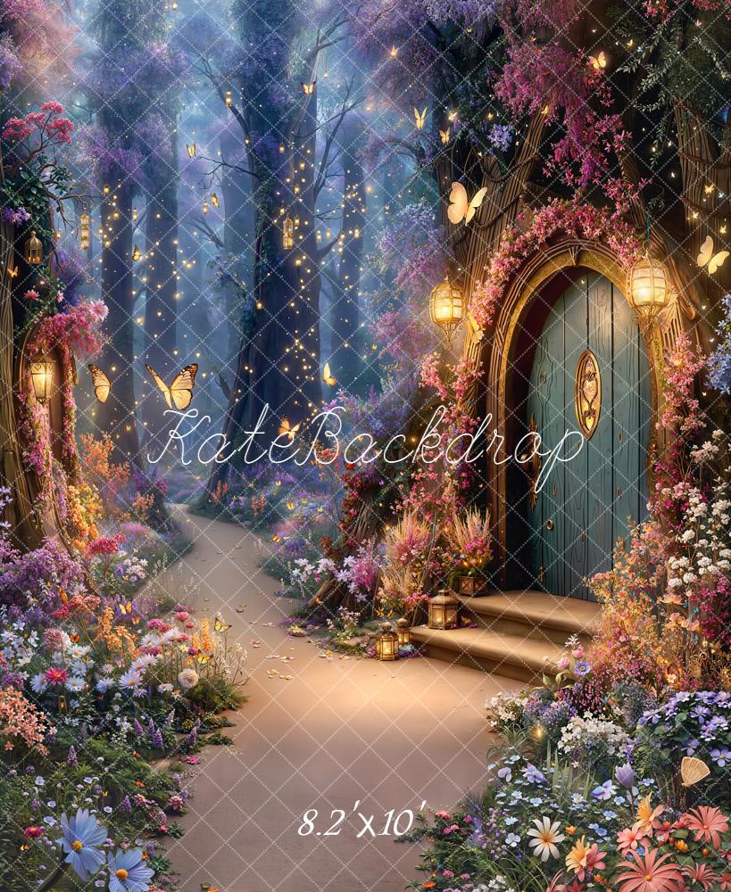 Kate Forêt Magique Maison Fleurs Lumières Toile de fond en Laine conçue par Emetselch