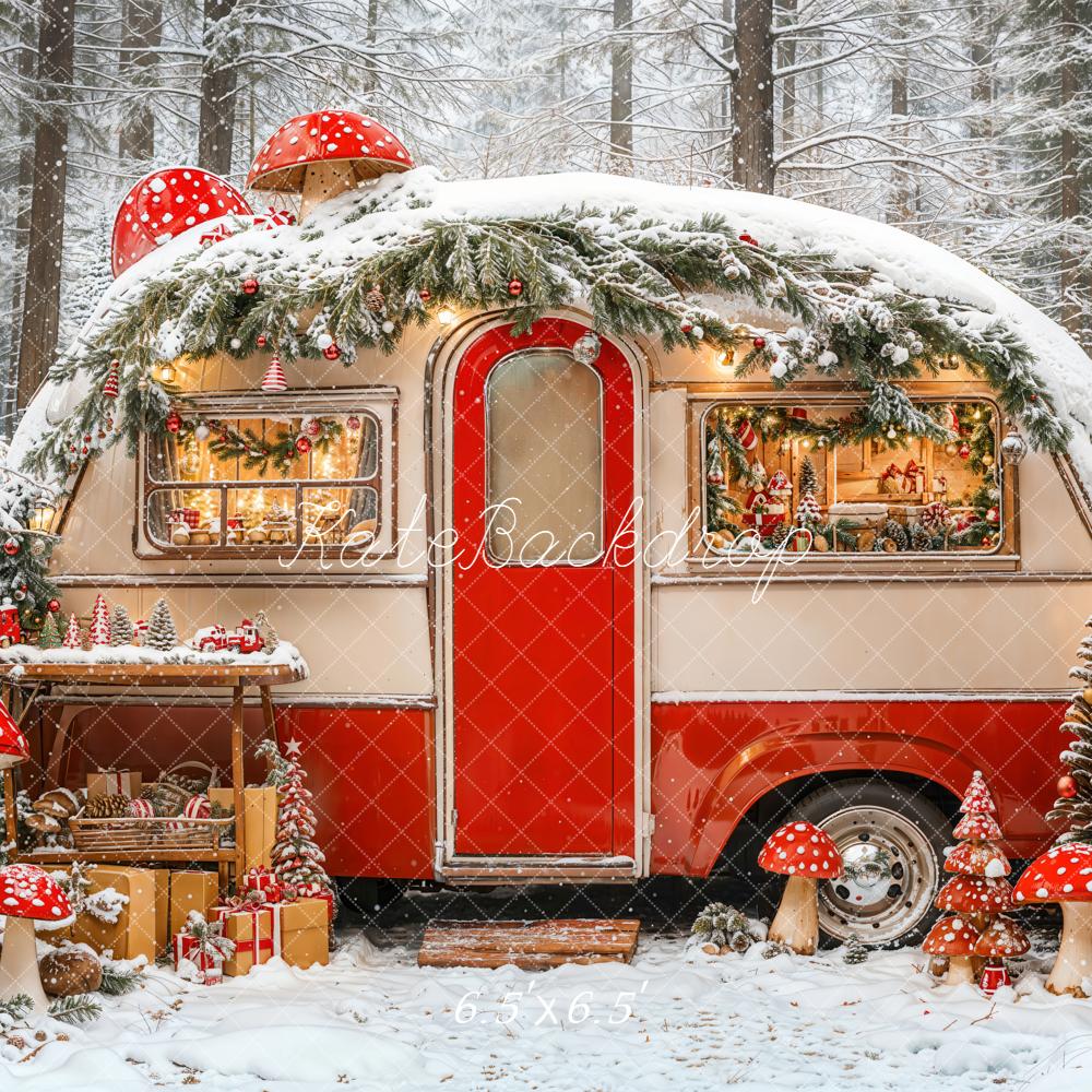 Kate Hiver Forêt Caravane Champignons Toile de fond conçue par Emetselch - Kate Backdrop FR