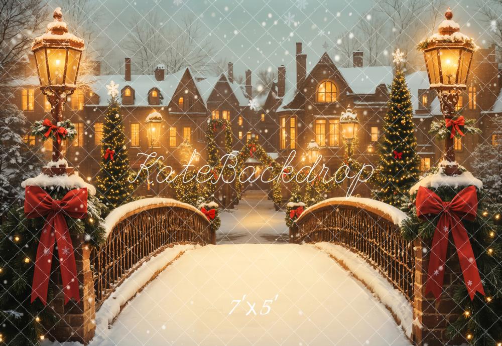 Kate Noël Pont Lampadaires Maisons Neige Toile de fond conçue par Emetselch - Kate Backdrop FR