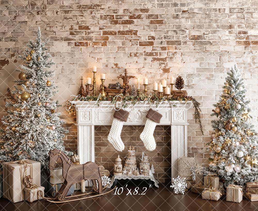 Kate Noël Cheminée Sapins Cadeaux Toile de fond en Laine conçue par Emetselch