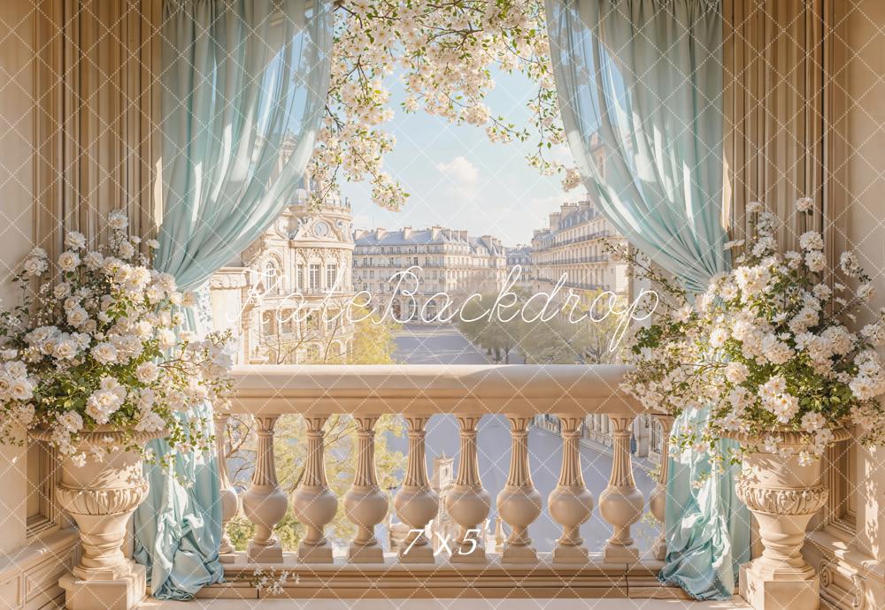 Kate Balcon Fleurs Rideaux Ville Soleil Toile de fond conçue par Emetselch