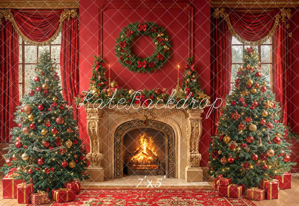 Kate Noël Cheminée Sapins Cadeaux Rouge Toile de fond conçue par Emetselch - Kate Backdrop FR