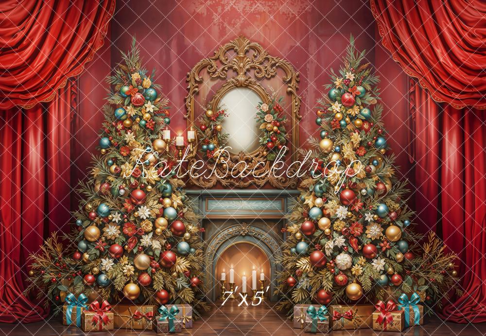 Kate Noël Sapins Cheminée Rideaux Cadeaux Toile de fond conçue par Emetselch - Kate Backdrop FR