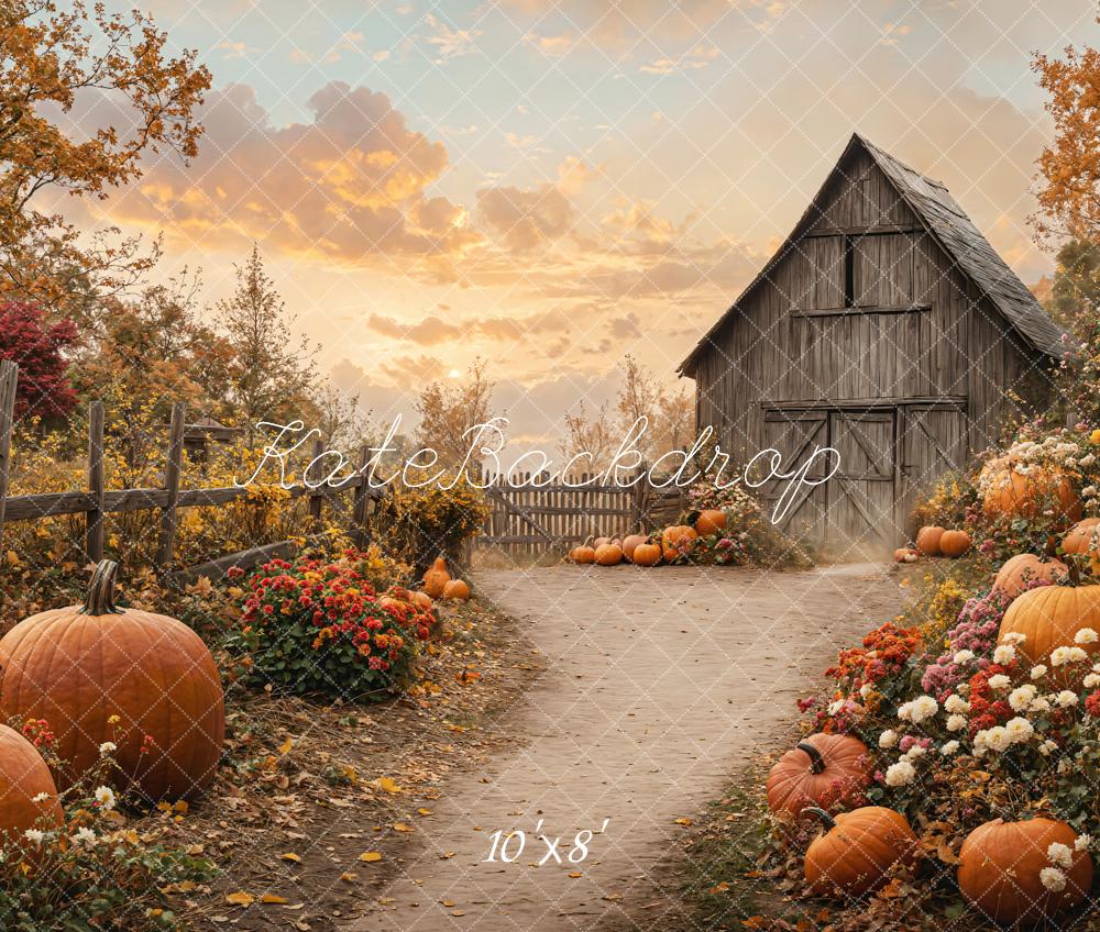 Kate Automne Citrouilles Fleurs Grange Toile de fond en Laine conçue par Emetselch
