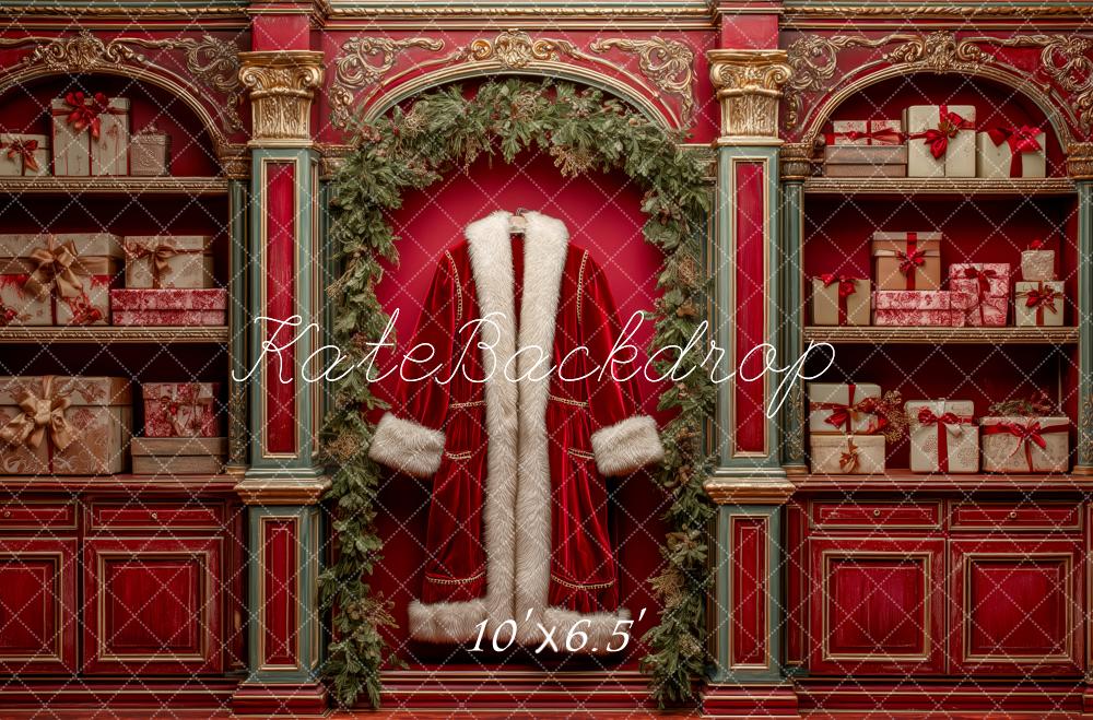Kate Père Noël Veste Rouge Cadeaux Toile de fond conçue par Patty Roberts - Kate Backdrop FR