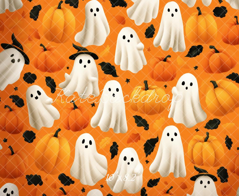 Kate Halloween Fantômes Citrouilles Feuilles Noires Toile de fond conçue par Patty Roberts - Kate Backdrop FR