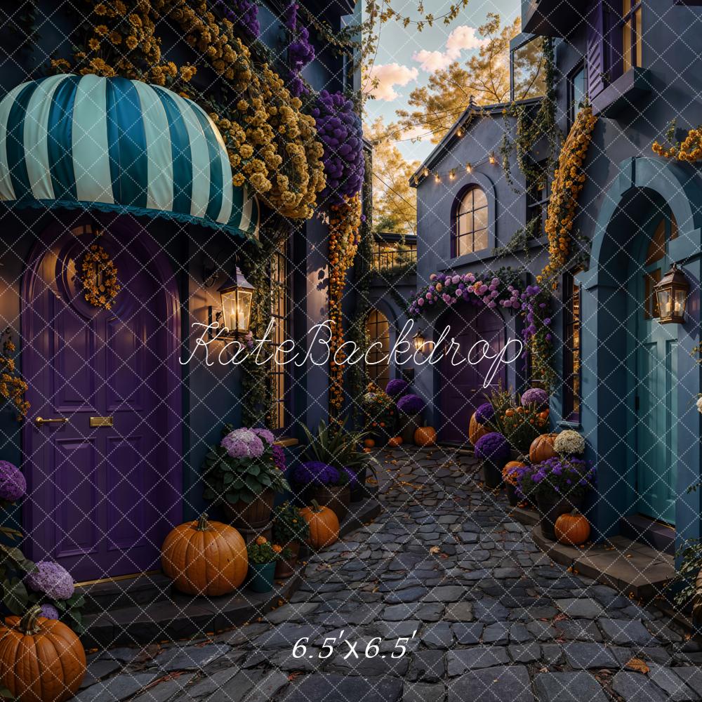 Kate Halloween Rue Citrouilles Fleurs Toile de fond conçue par Emetselch - Kate Backdrop FR