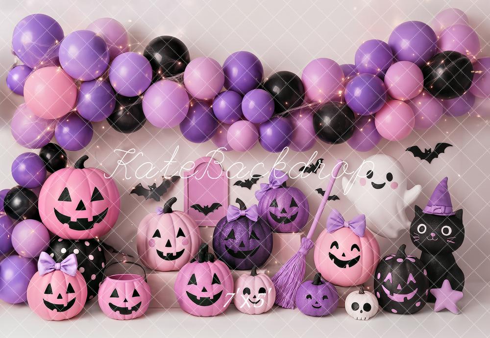 Kate Halloween Citrouilles Ballons Violet Toile de fond conçue par Ashley Paul - Kate Backdrop FR