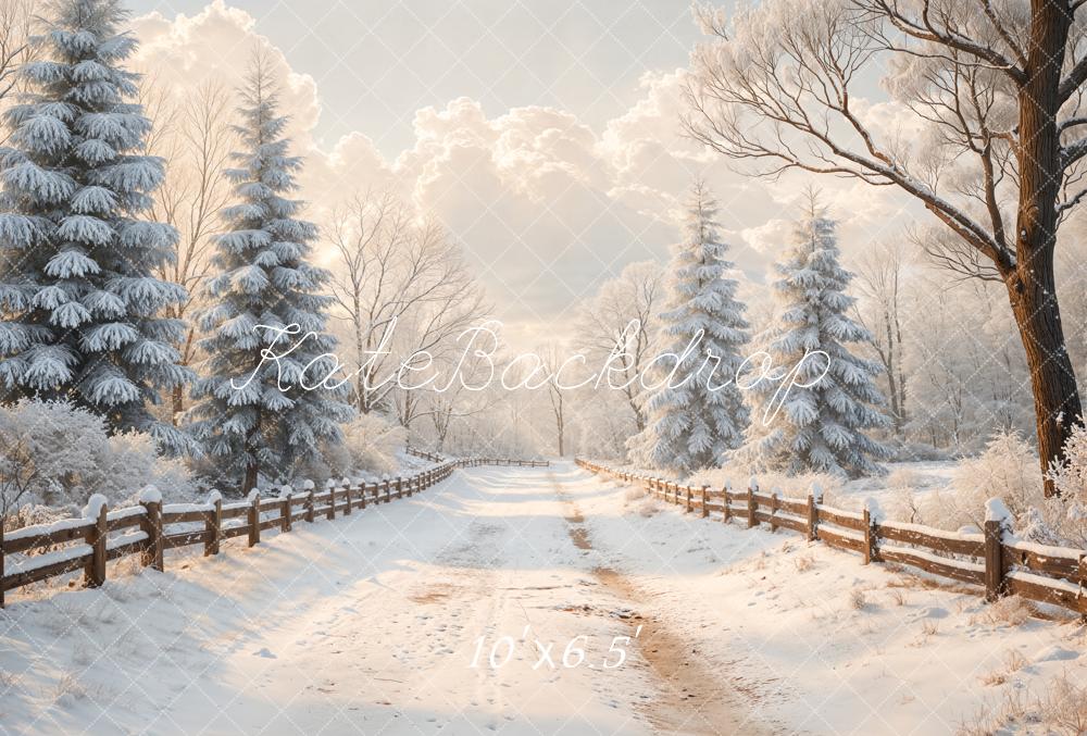 Kate Hiver Chemin Clôture Sapins Toile de fond en Laine conçue par Emetselch - Kate Backdrop FR