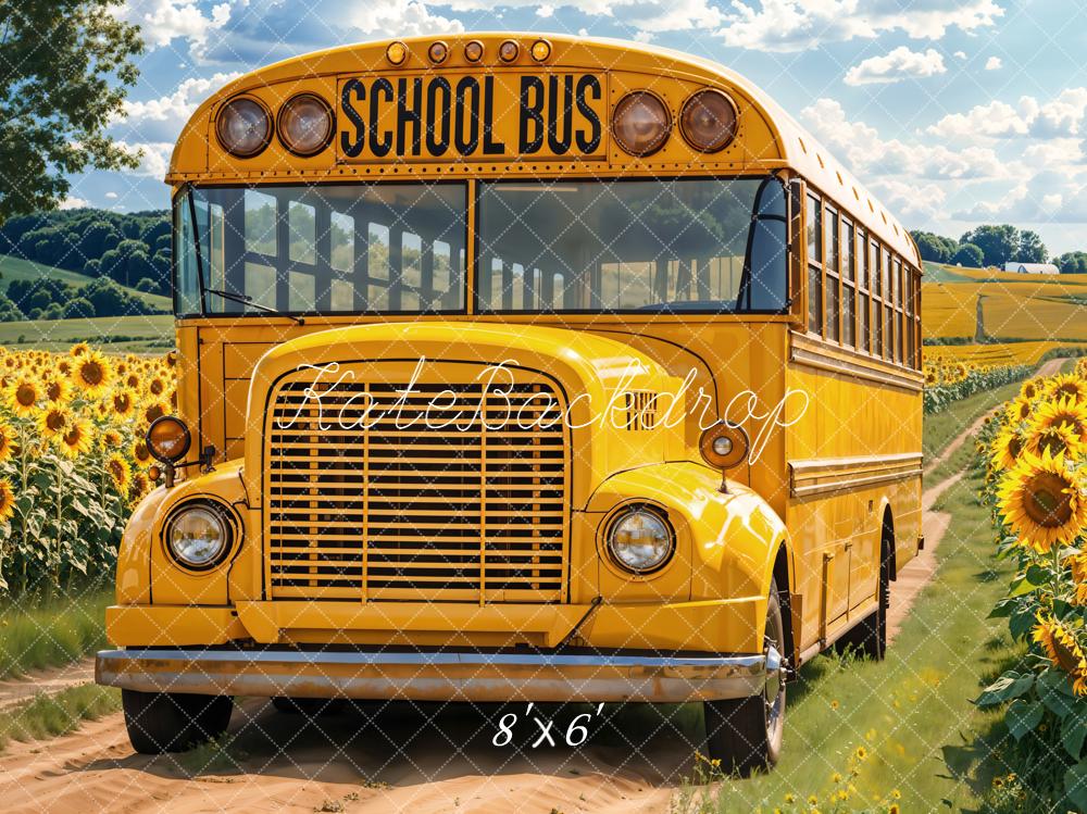 Kate Scolaire Bus Jaune Tournesols Toile de fond conçue par Emetselch - Kate Backdrop FR