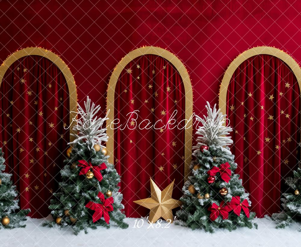 Kate Noël Arches Sapins Rouge Toile de fond conçue par Patty Roberts - Kate Backdrop FR