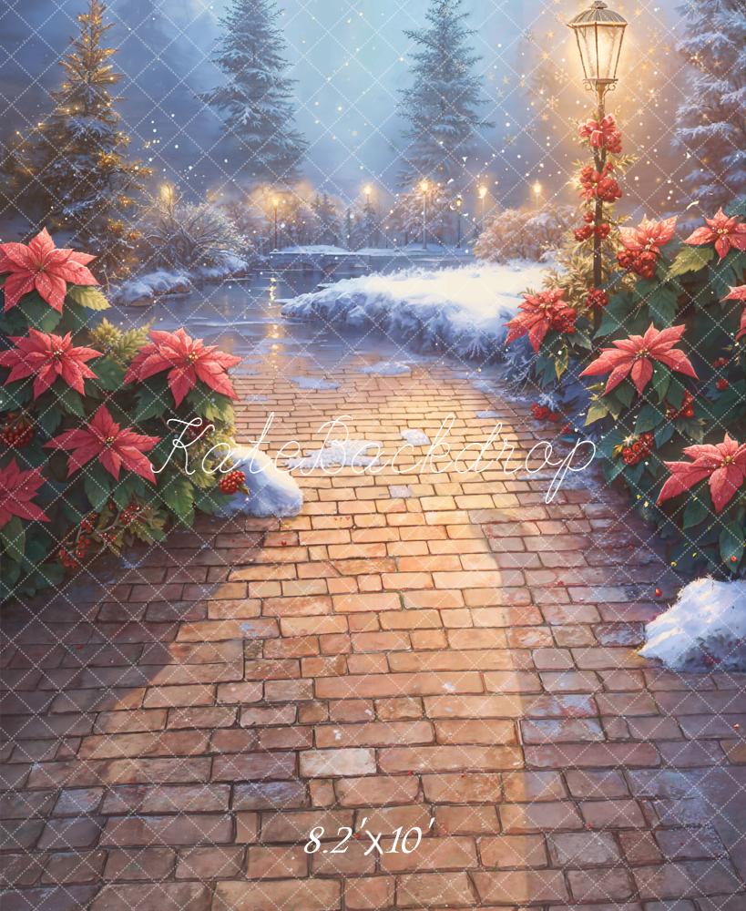 Kate Hiver Chemin Brique Poinsettia Toile de fond conçue par Emetselch - Kate Backdrop FR