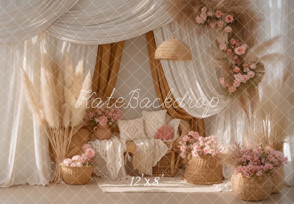 Kate Bohème Fleurs Rideaux Beige Toile de fond en Polar conçue par Emetselch