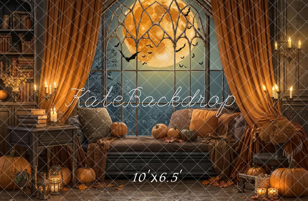 Kate Halloween Citrouilles Lune Fenêtre Toile de fond en Laine conçue par Emetselch - Kate Backdrop FR