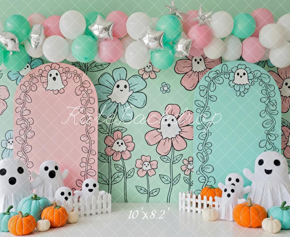 Kate Halloween Fantômes Citrouilles Fleurs Toile de fond conçue par Patty Roberts - Kate Backdrop FR