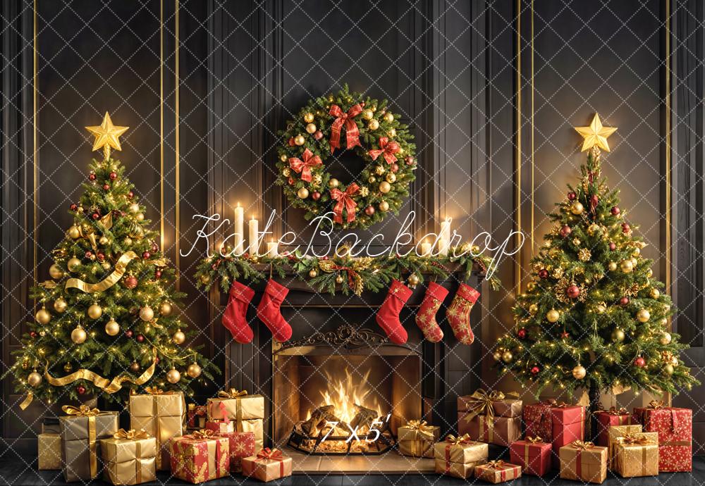 Kate Noël Sapin Cheminée Couronne Cadeaux Toile de fond conçue par Emetselch - Kate Backdrop FR