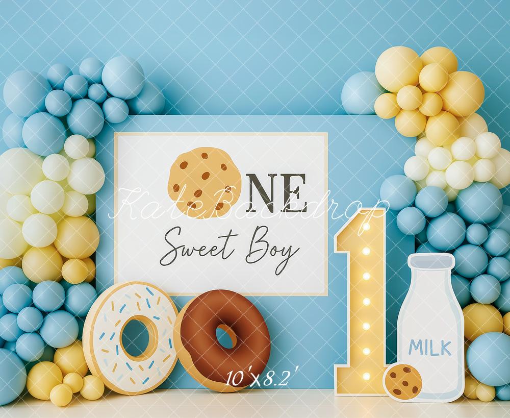 Kate Anniversaire Garçon Ballons Donut Lait Toile de fond conçue par Patty Roberts - Kate Backdrop FR