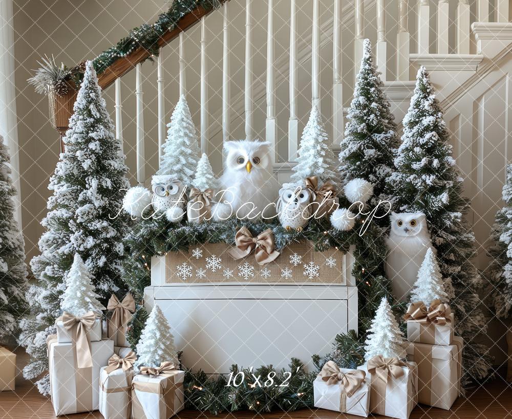 Kate Noël Hiboux Sapins Cadeaux Toile de fond conçue par Mini MakeBelieve - Kate Backdrop FR