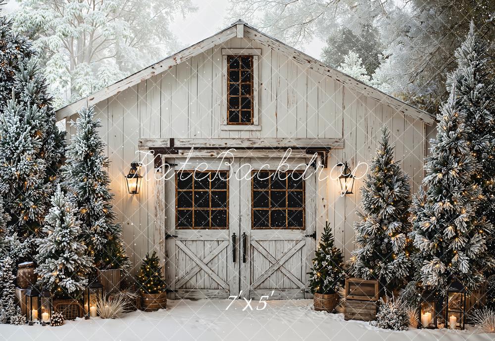 Kate Hiver Maison Blanche Sapins Neige Toile de fond conçue par Emetselch